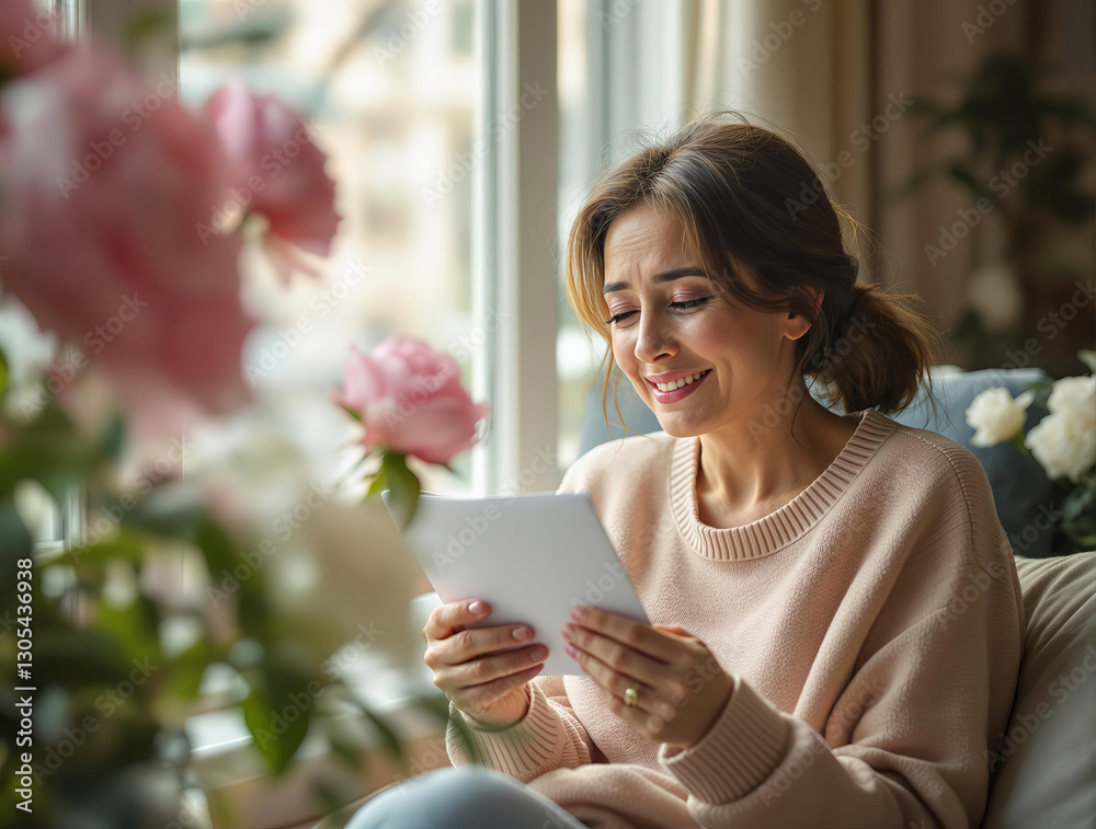 Poster A woman with a joyful expression is reading a letter while sitting by a large window adorned with flowers.