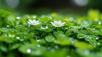 Dewy white flowers on clover in a garden
