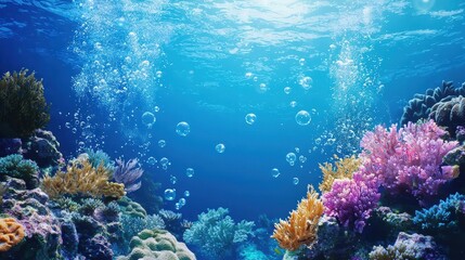 Fototapeta premium Underwater coral reef scene with vibrant corals and ascending bubbles, symbolizing marine biodiversity. Ideal for environmental awareness and ocean conservation themes.