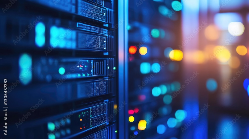 Poster close-up of a data center with glowing blue and orange server lights, symbolizing cloud computing, c