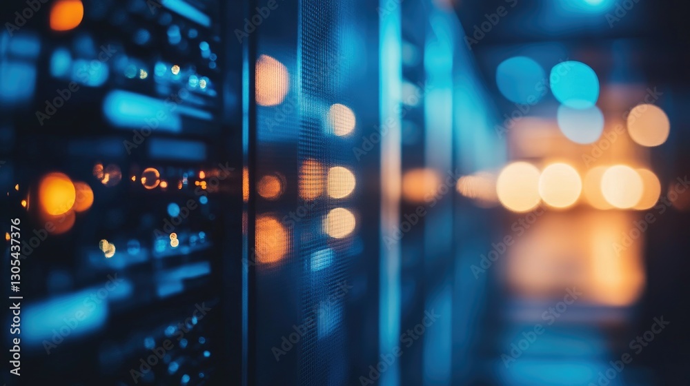 Poster close-up of a data center with glowing blue and orange server lights, symbolizing cloud computing, c