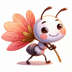 Cute cartoon ant character carrying a colorful leaf during autumn in a playful and cheerful manner
