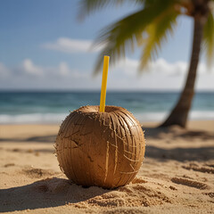 Coconut with Straw Inserted, Sitting on a Beach
