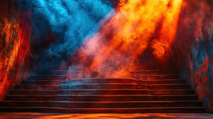 Fototapeta premium Dramatic stage steps with vibrant smoke