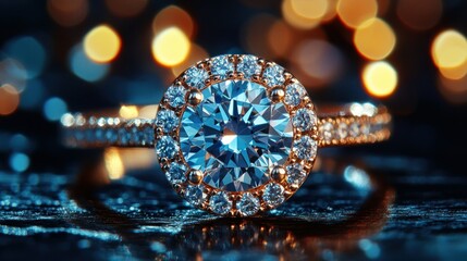 Fototapeta premium Diamond halo ring, close-up, bokeh background