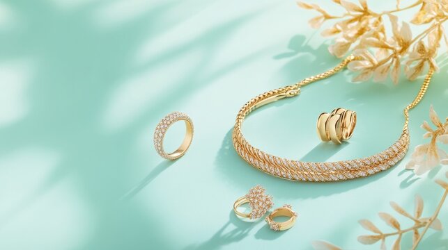 Gold jewelry set, mint backdrop, sunlight shadows, elegant display