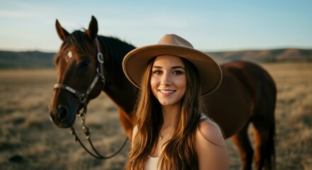 Obraz premium Woman with horse, rural setting