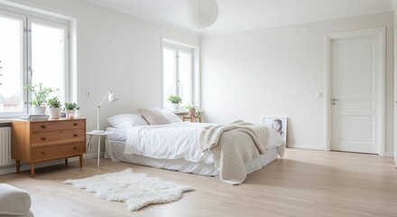 Bright Minimalist Bedroom Interior with White Bedding and Natural Light
