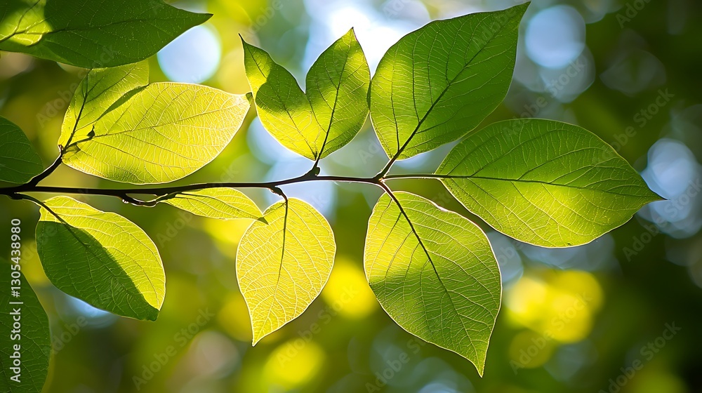 Poster sunlight shines through vibrant green leaves on a tree branch in a forest background