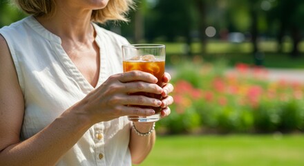 Woman drinks iced coffee in park