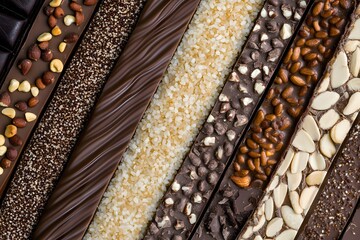 Assorted gourmet chocolate bars with nuts, seeds, and textured toppings in a diagonal composition