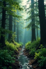 Obraz premium Generative AI Sunlit Forest Stream: Serene Nature Scene forest stream trees nature landscape sunlight water green roots plants peace tranquility serenity harmony nature - Visual solution.
