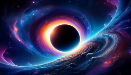 Vivid Cosmic Black Hole with Swirling Nebulae and Stars Planets