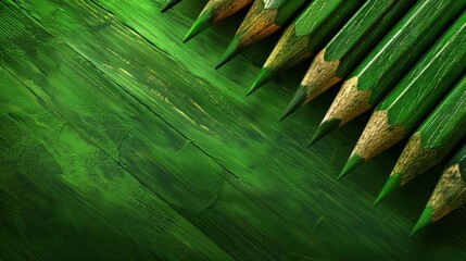 Close-up of sharpened green pencils placed perfectly diagonally on a smooth green background.