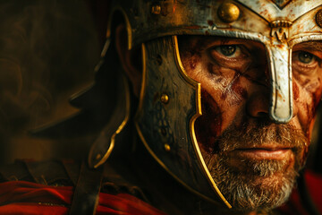 Generative AI image of a fierce ancient gladiator in battle-worn armor and helmet, inspired by Greek warriors