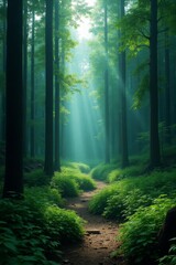 Naklejka premium Generative AI Sunlit Forest Trail, Peaceful Nature Scene forest trail path trees sunlight green nature woods foliage dirt path peace tranquility adventure escape serenity - Drive