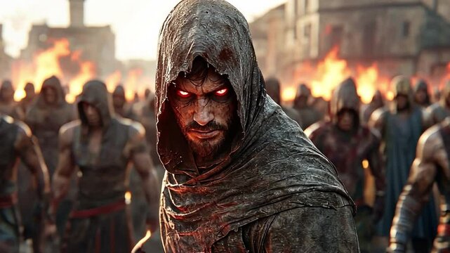 A brave warrior stands defiantly with a makeshift sword, facing off against raiders in a desolate city square.