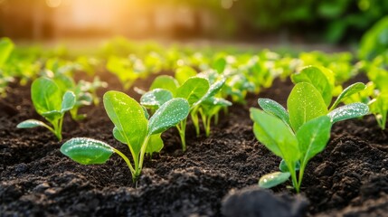 Fresh green seedlings growing in fertile soil at sunset
