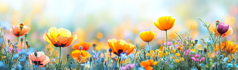 Obraz premium beautiful spring meadow with colorful wildflowers, poppies,