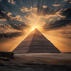 Ancient pyramid in desert with golden sunrise in background high resolution picture