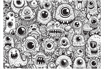 Coloring page. Funny Monsters Seamless Pattern. Black and White Coloring Page Vector