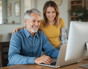 senior man working on computer sitting at table with wife standing nearby in living room. Happy mature older couple using laptop technology at home