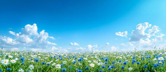 beautiful spring meadow with wildflowers and blue sky. panoramic view,