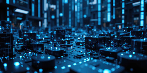 Abstract Futuristic Digital Landscape Background with 3D Cubes and Glowing Blue Cyberpunk Aesthetic.