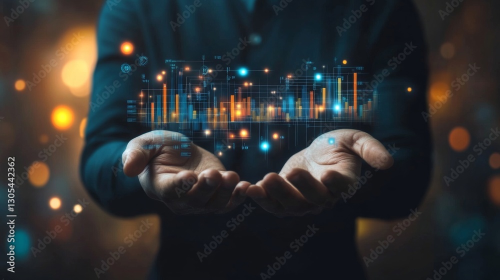 Poster businessman holds data-driven tech insights. modern digital graphs, numbers float in hands. informed