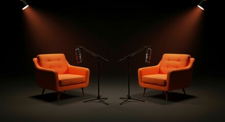 Podcast Studio Scene with Orange Chairs