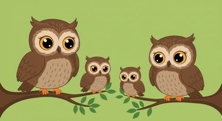 Fototapeta premium Owl Family on Branch - Cute Illustration