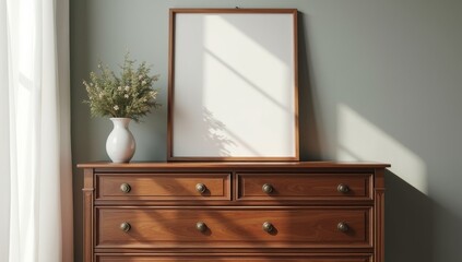 mock up poster frame on vintage chest of drawers, interior