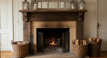 Burning Fireplace with Wood Baskets and Lanterns in Cozy Home Interior