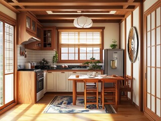 A detailed and modern wooden kitchen with dining furniture set