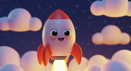 Naklejka premium Cute Rocket Launch at Night