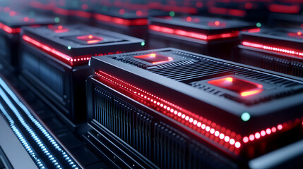 A close-up view of high-tech servers illuminated with red lights. This image showcases advanced technology in a data center environment, emphasizing innovation and connectivity.