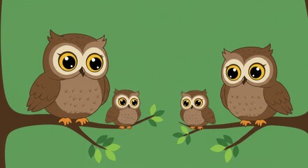 Fototapeta premium Owl Family on Branch, Green Background