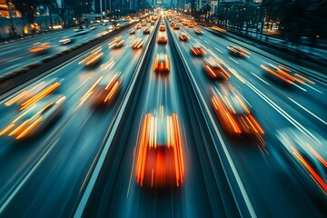 Blurred motion of city traffic at night with illuminated cars and roads