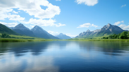 A serene landscape featuring a tranquil lake reflecting towering mountains under a bright blue sky, capturing the essence of nature's beauty and peacefulness.
