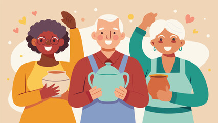 The feeling of pride and accomplishment as the seniors proudly display their finished ceramic pieces at the end of the workshop.. Vector illustration