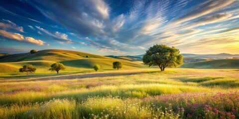 Serene Sunset Over Rolling Green Hills, Dotted with Lush Trees and Vibrant Wildflowers