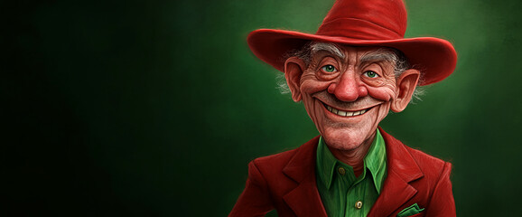 Caricature of a smiling elderly man in a red hat and jacket, against a dark green background, showcasing jovial expression and character