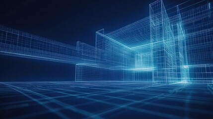 Fototapeta premium Blue wireframe structure of a futuristic building complex on a grid, representing digital architecture innovation. Ideal for technology and design.