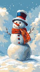 Obraz premium A joyful snowman with a red scarf and top hat is surrounded by soft snow, showcasing a bright smile against a colorful winter sky filled with clouds