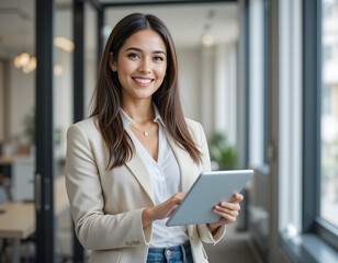 Happy businesswoman manager, female executive leader holding tab at work, looking at camera