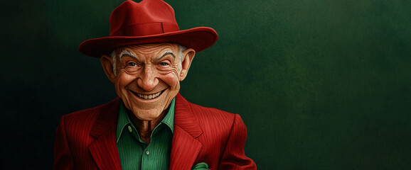 Portrait of a smiling senior man in a red hat and jacket against a dark green background, conveying joy and vibrancy, suitable for mature lifestyle or character illustration concepts