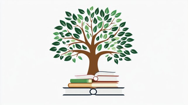 Educational books tree illustration, knowledge growth, symbolic, educational, graphic, vector art, royalty-free use