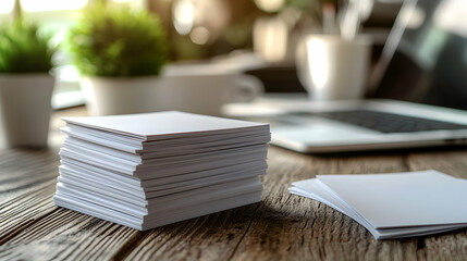 A close-up view of a stack of blank business cards on a wooden desk