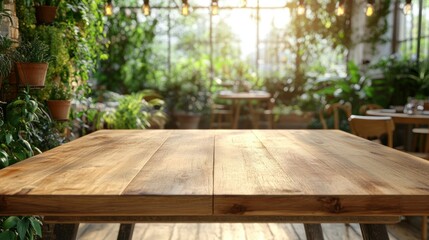 Fototapeta premium Empty wooden table in a lush cafe