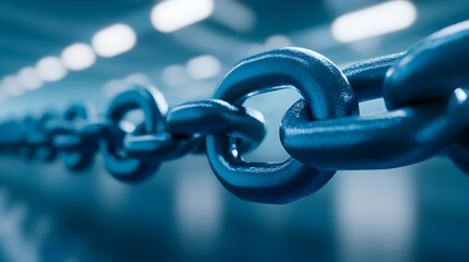 Close-up view of a heavy metal chain, showcasing the intricate links and their sturdy design. Ideal for themes related to strength, security, or industrial functionality.